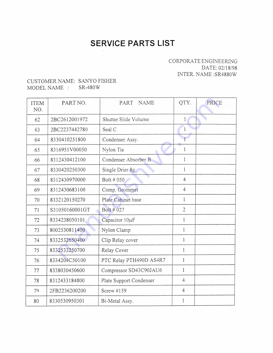 Sanyo SR-4800W - Commercial Solutions Freezerless Compact Refrigerator Service Parts List Download Page 4