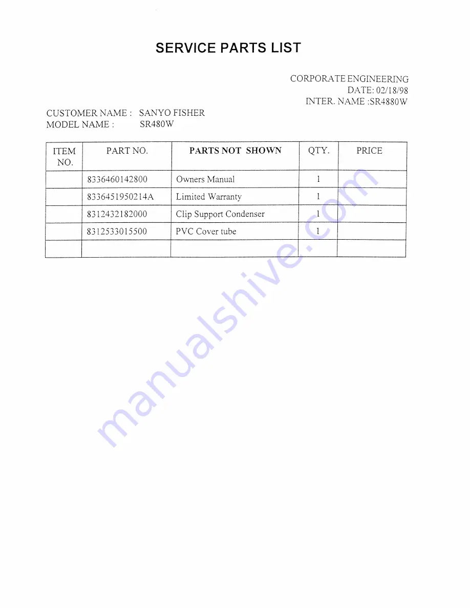 Sanyo SR-4800W - Commercial Solutions Freezerless Compact Refrigerator Service Parts List Download Page 6