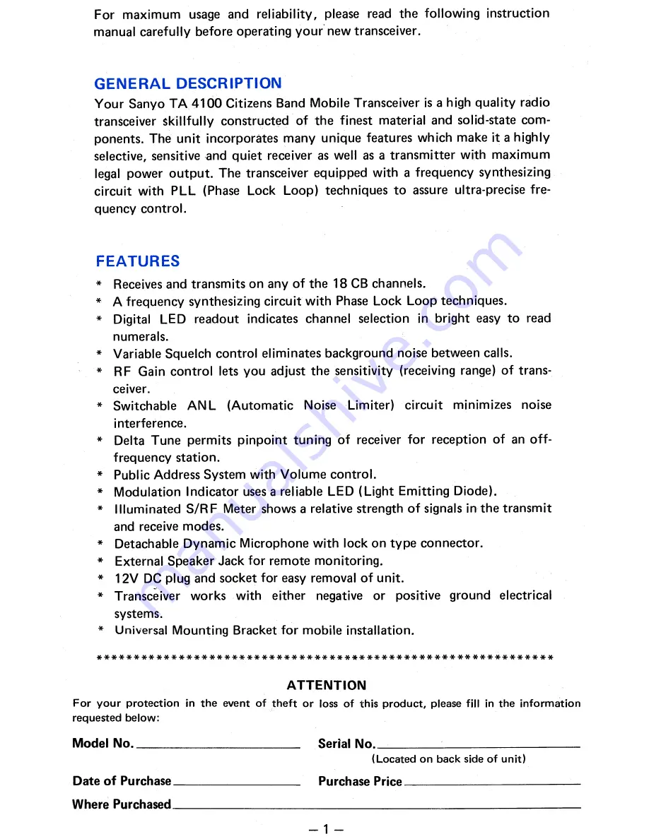 Sanyo TA 4100 Operating Instructions Manual Download Page 2