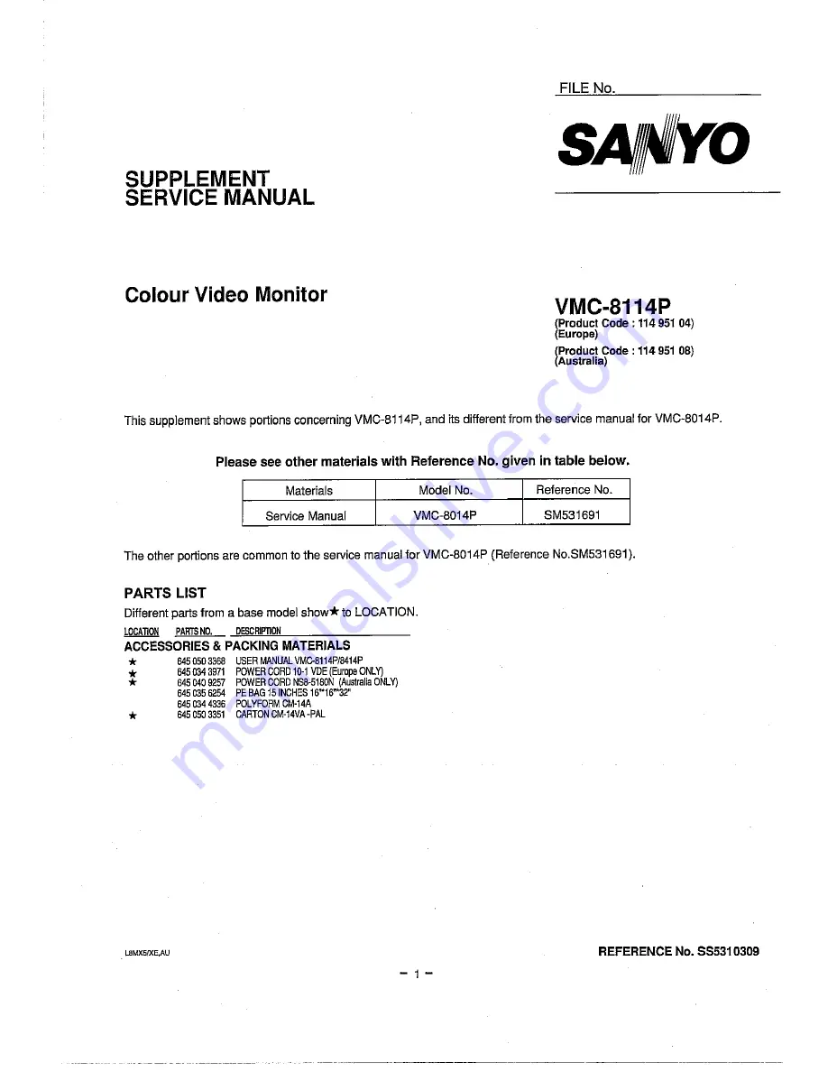 Sanyo VMC-8114 Service Manual Download Page 1