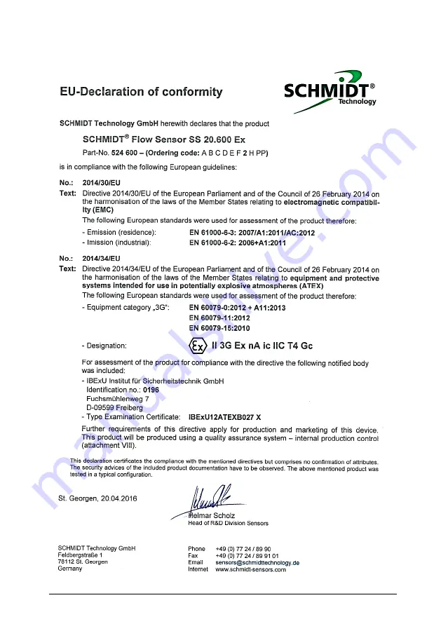 Schmidt SS 20.600 Ex Supplementary Instructions Manual Download Page 12