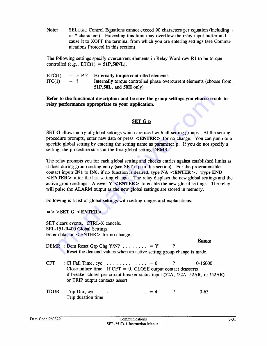 Schweitzer Engineering Laboratories SEL-251D-1 Instruction Manual Download Page 101