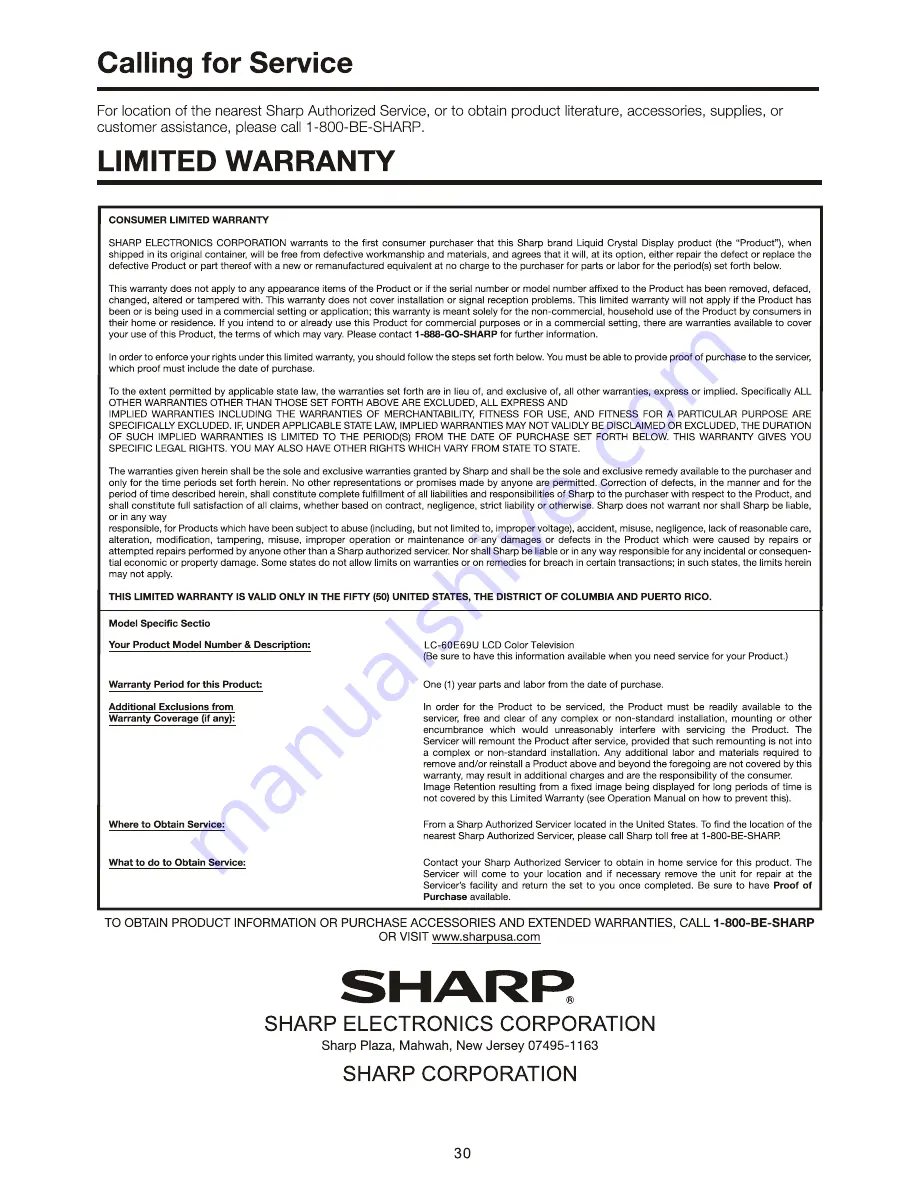 Sharp Aquos LC-60E69U Operation Manual Download Page 30