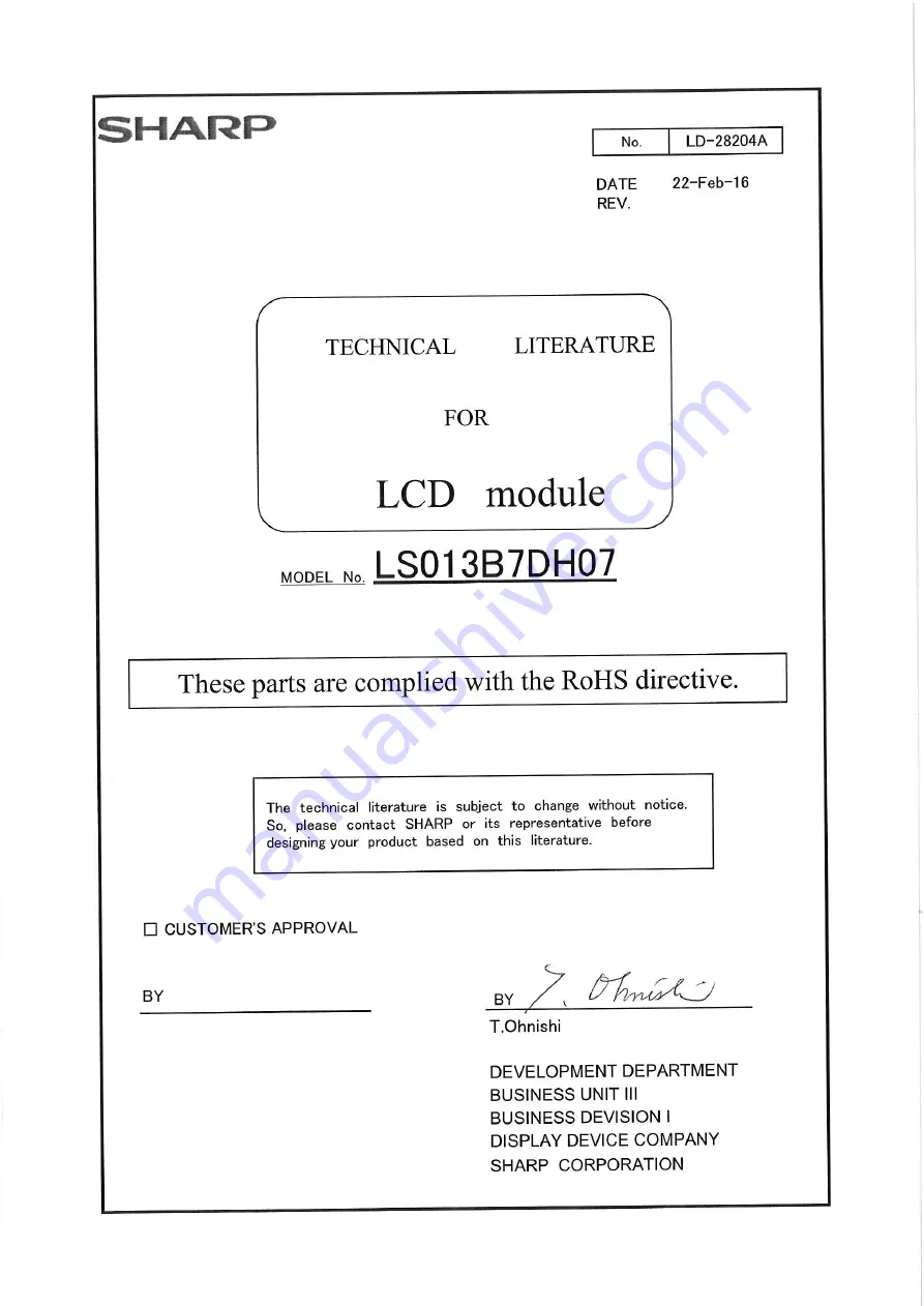 Sharp LS013B7DH07 Technical Literature Download Page 1