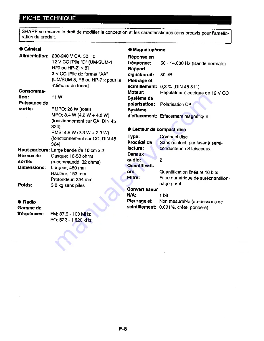 Sharp QT-CD161H (French) Manuel De Fonctionnement Download Page 14