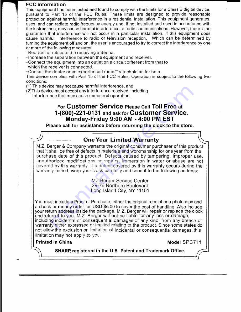 Sharp SPC061 - LED Plasma-TV Style Alarm Clock Instruction Manual Download Page 7