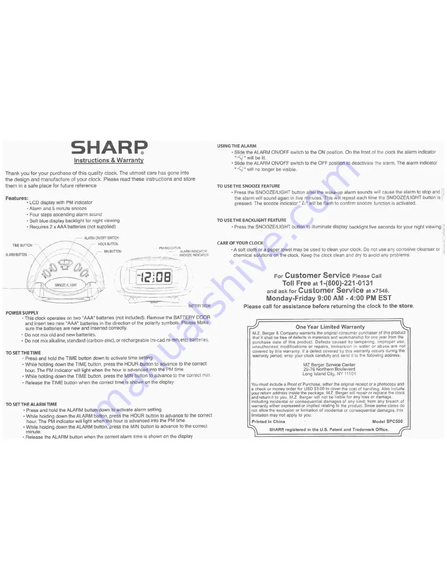 Sharp SPC500 Instructions & Warranty Download Page 1