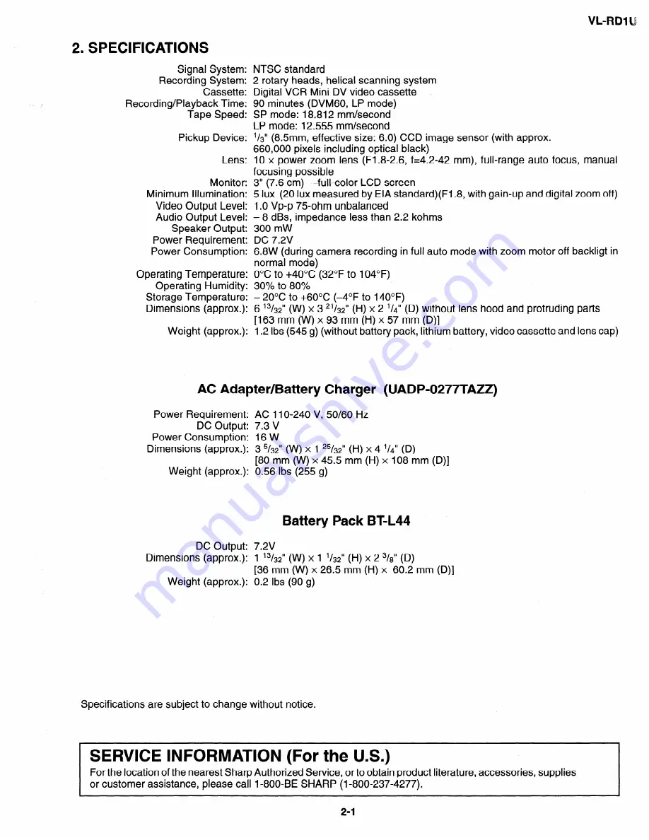 Sharp VL-RDI U Service Manual Download Page 5