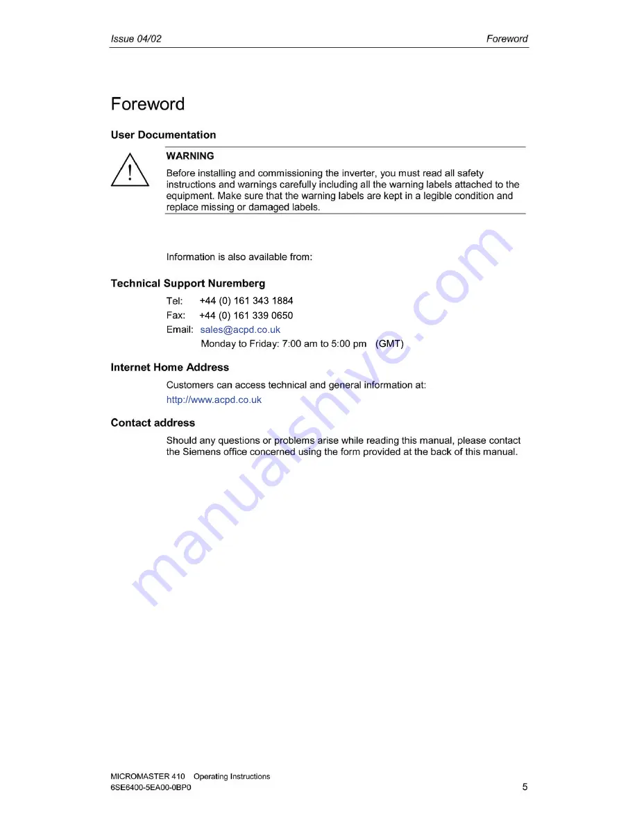 Siemens micromaster 410 Operating Instructions Manual Download Page 5