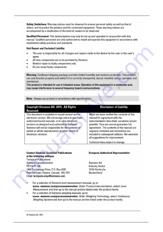 Siemens SITRANS LG260 Operating Instructions Manual Download Page 2