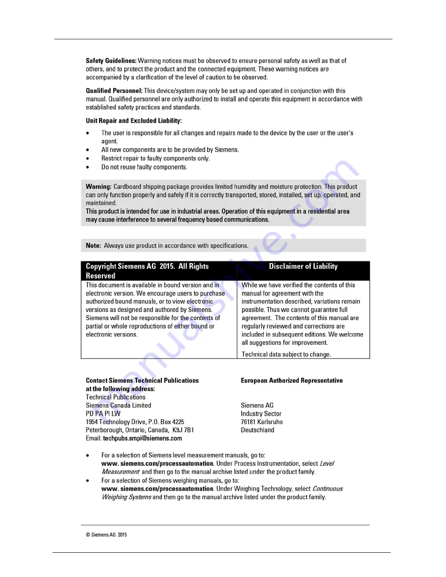 Siemens SITRANS LVL200S Operating Instructions Manual Download Page 2