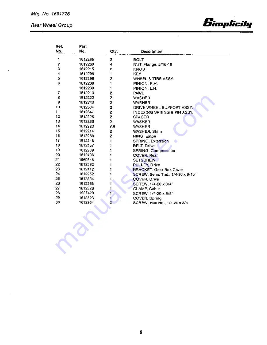 Simplicity 1500 Series Parts Manual Download Page 11