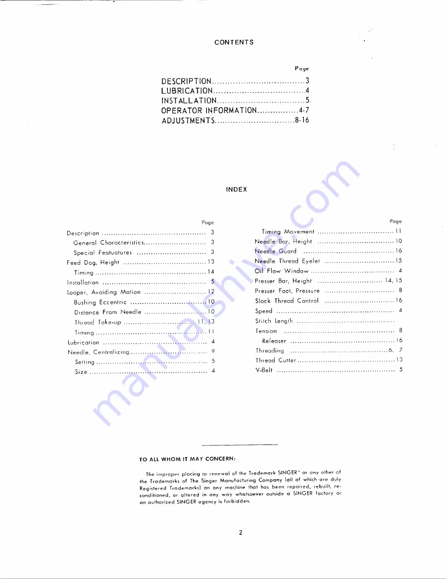 Singer 261U Serivce Manual Download Page 3