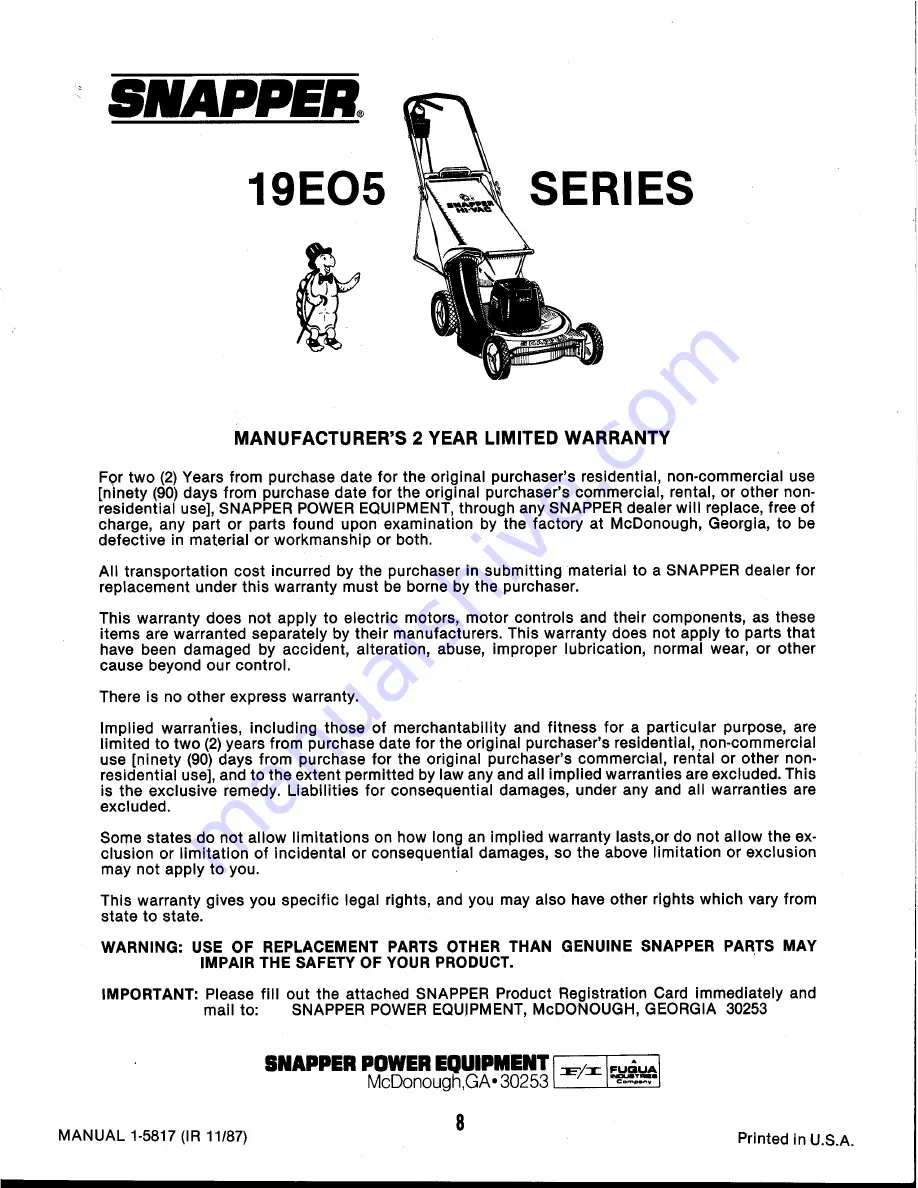 Snapper 19EO5 HI-VAC Series Operator'S Manual Download Page 8