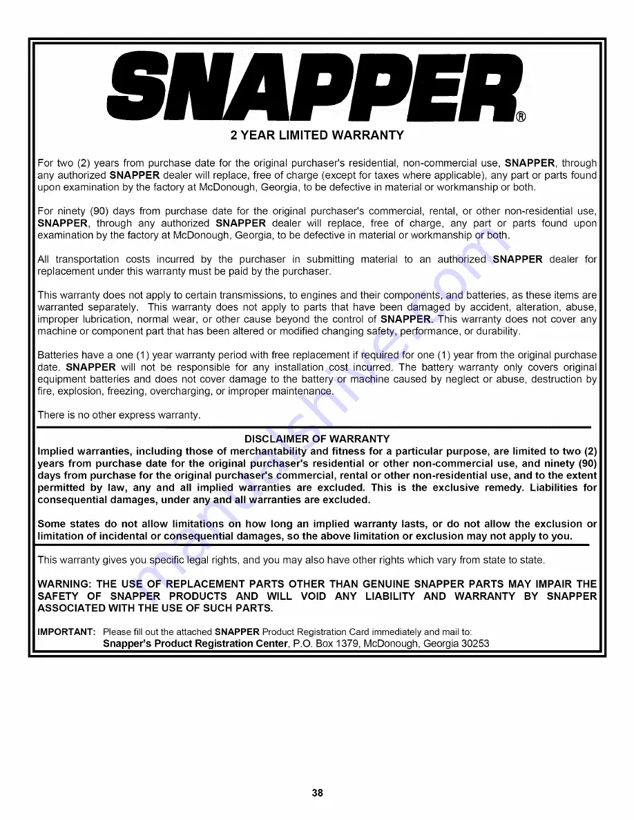 Snapper LT180H331BV series I Safety Instructions & Operator'S Manual Download Page 38