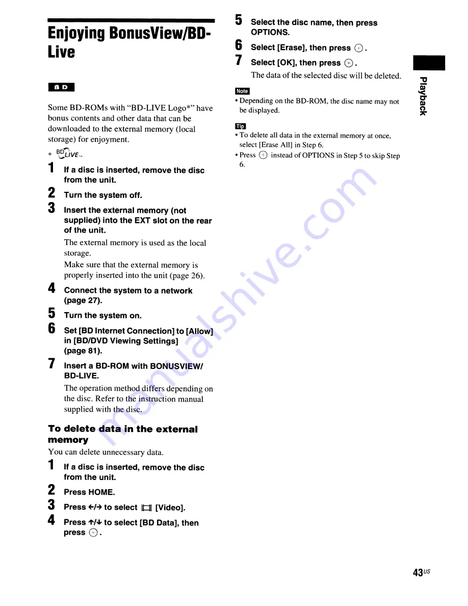 Sony BDV-E300 - Blu-ray Disc™ Player Home Theater System Operating Instructions Manual Download Page 43