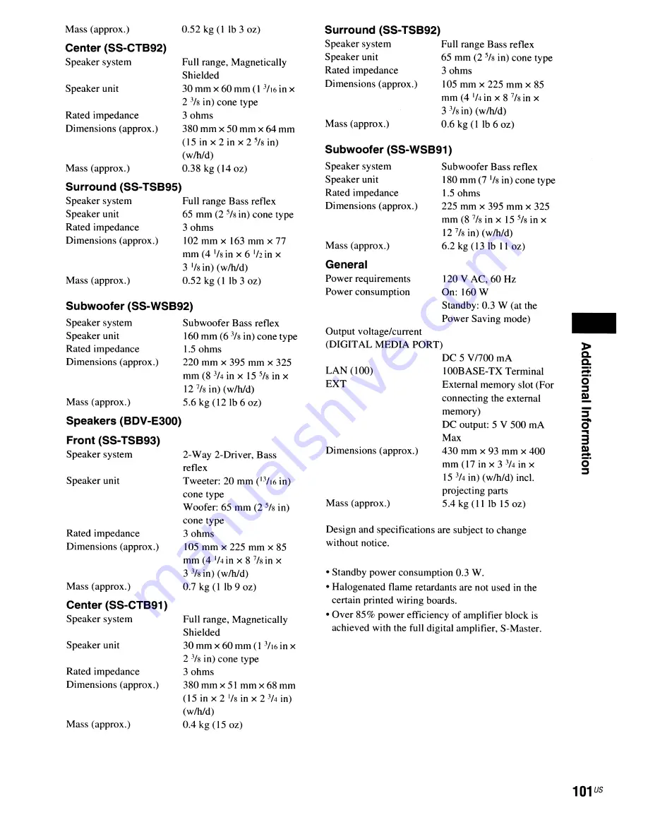 Sony BDV-E300 - Blu-ray Disc™ Player Home Theater System Operating Instructions Manual Download Page 101