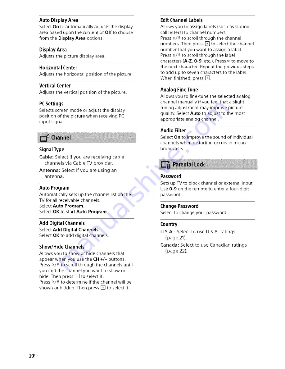 Sony Bravia KDL-32R30OB Operating Instructions Manual Download Page 20