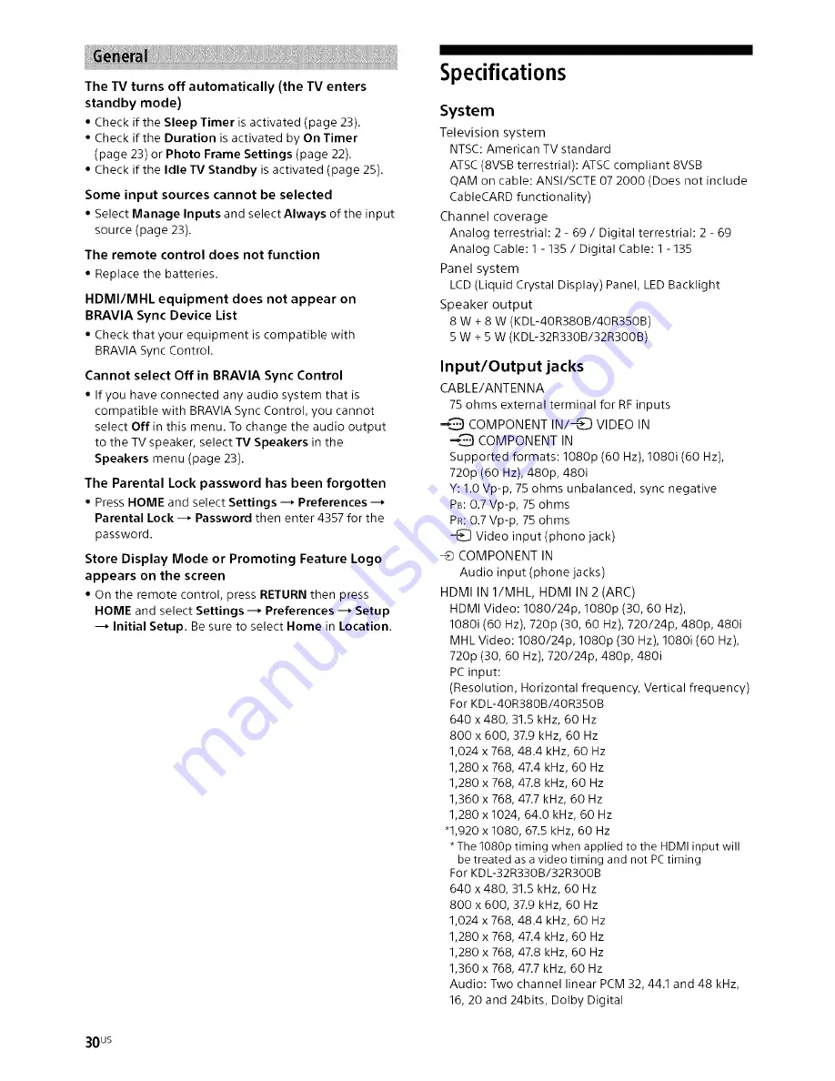 Sony Bravia KDL-32R30OB Operating Instructions Manual Download Page 30