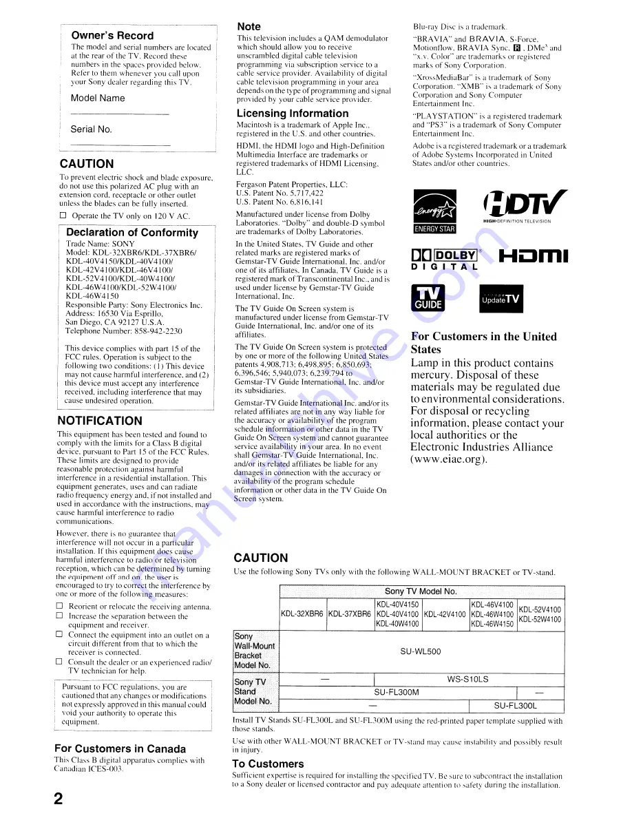 Sony BRAVIA KDL-32XBR6 Operating Instructions Manual Download Page 2