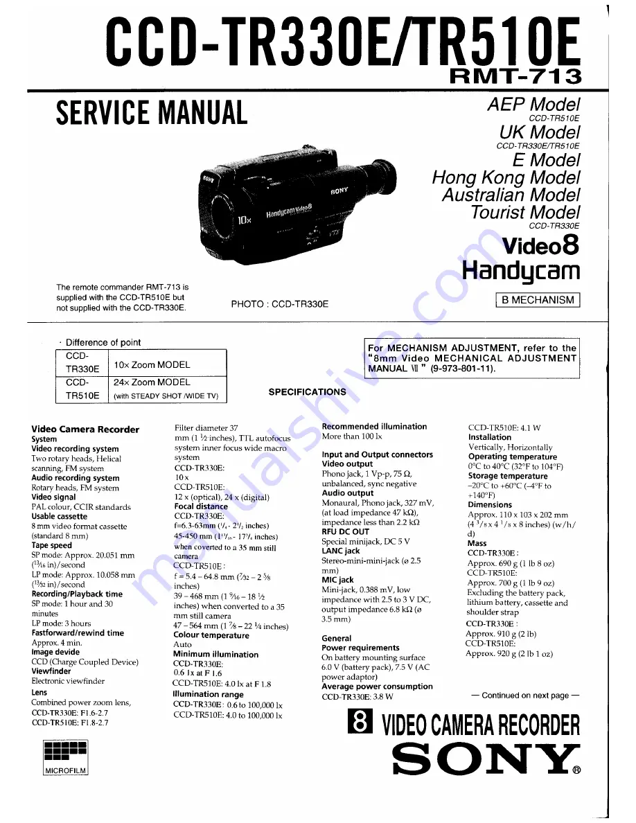 Sony CCD-TR330E Service Manual Download Page 1