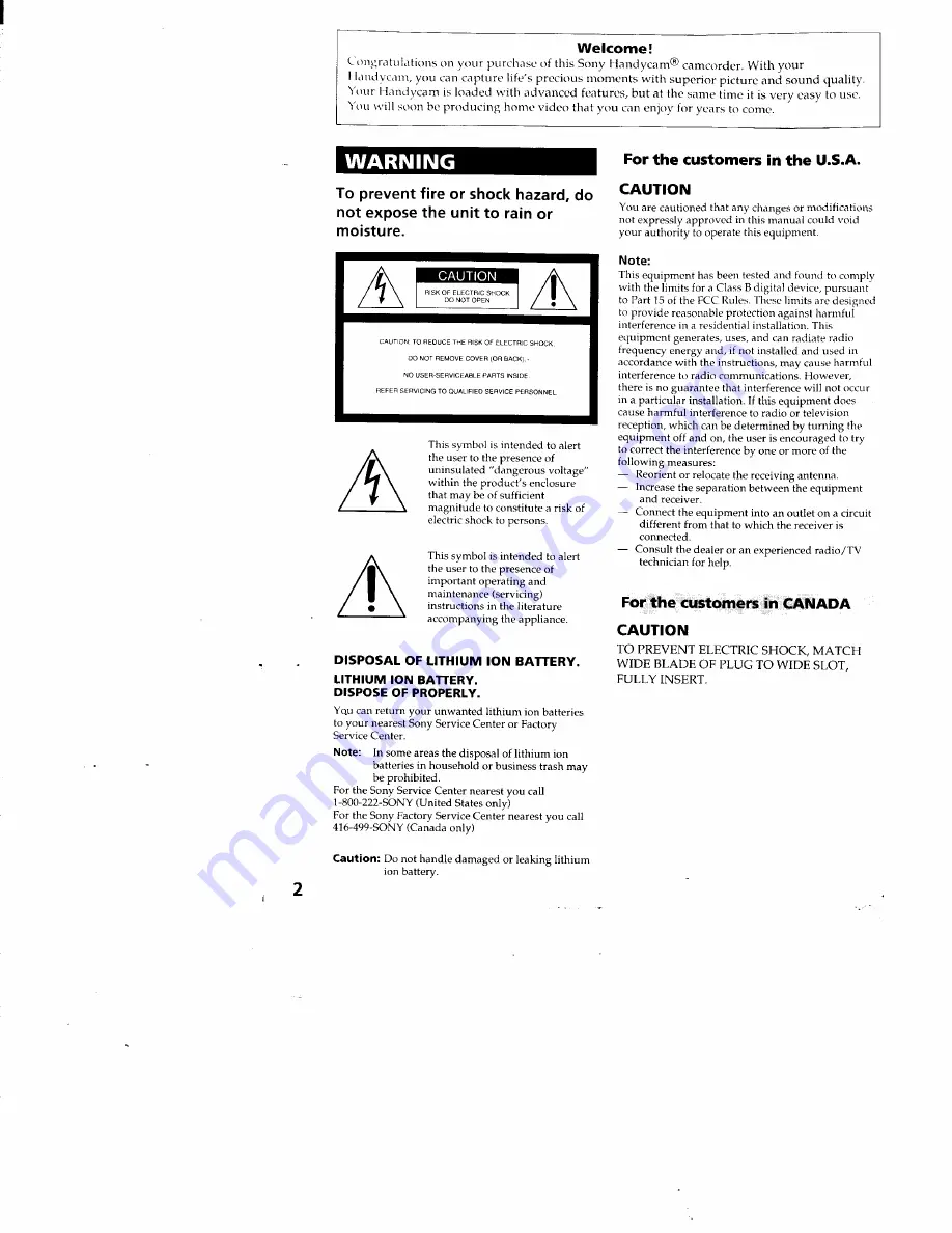 Sony CCD-TR940 - Video Camera Recorder Hi8&trade Operating Instructions Manual Download Page 2