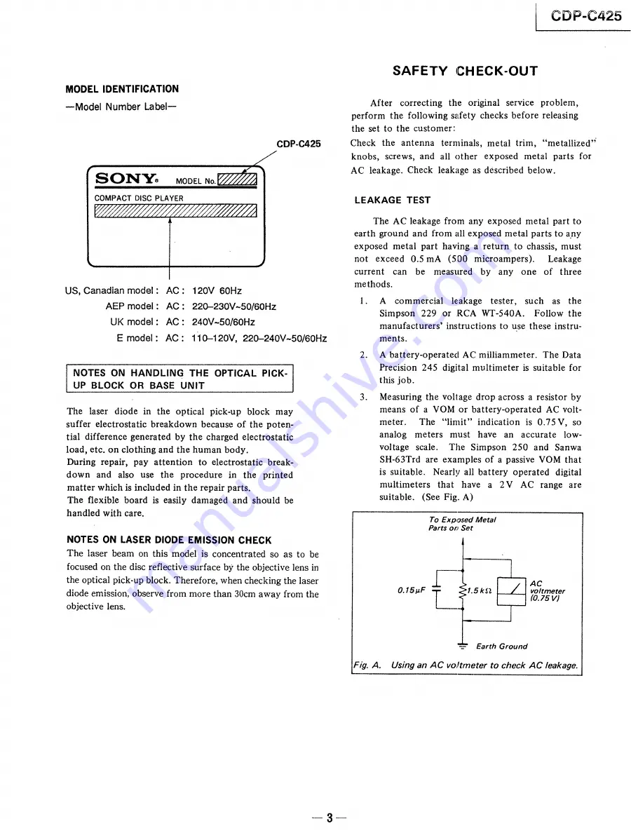 Sony CDP-C425 Скачать руководство пользователя страница 3