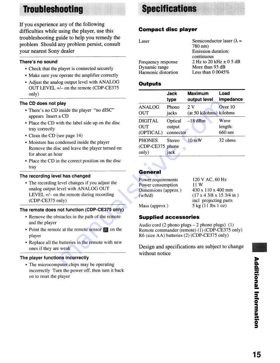 Sony CDP-CE275 - Carousel Cd Player 5 Discs Operating Instructions Manual Download Page 15