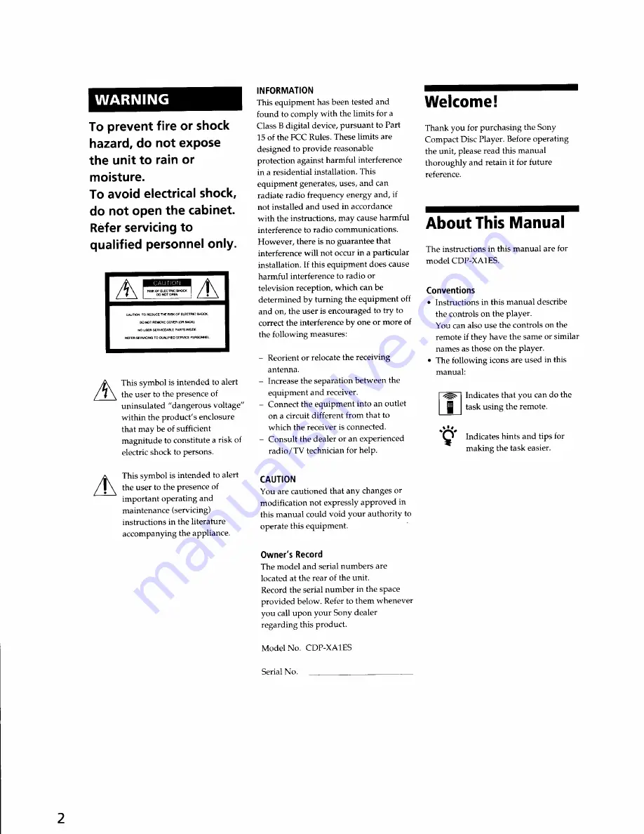 Sony CDP-XA1ES Operating Instructions Manual Download Page 2