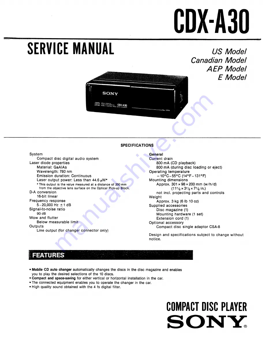 Sony CDX-A30 Service Manual Download Page 1