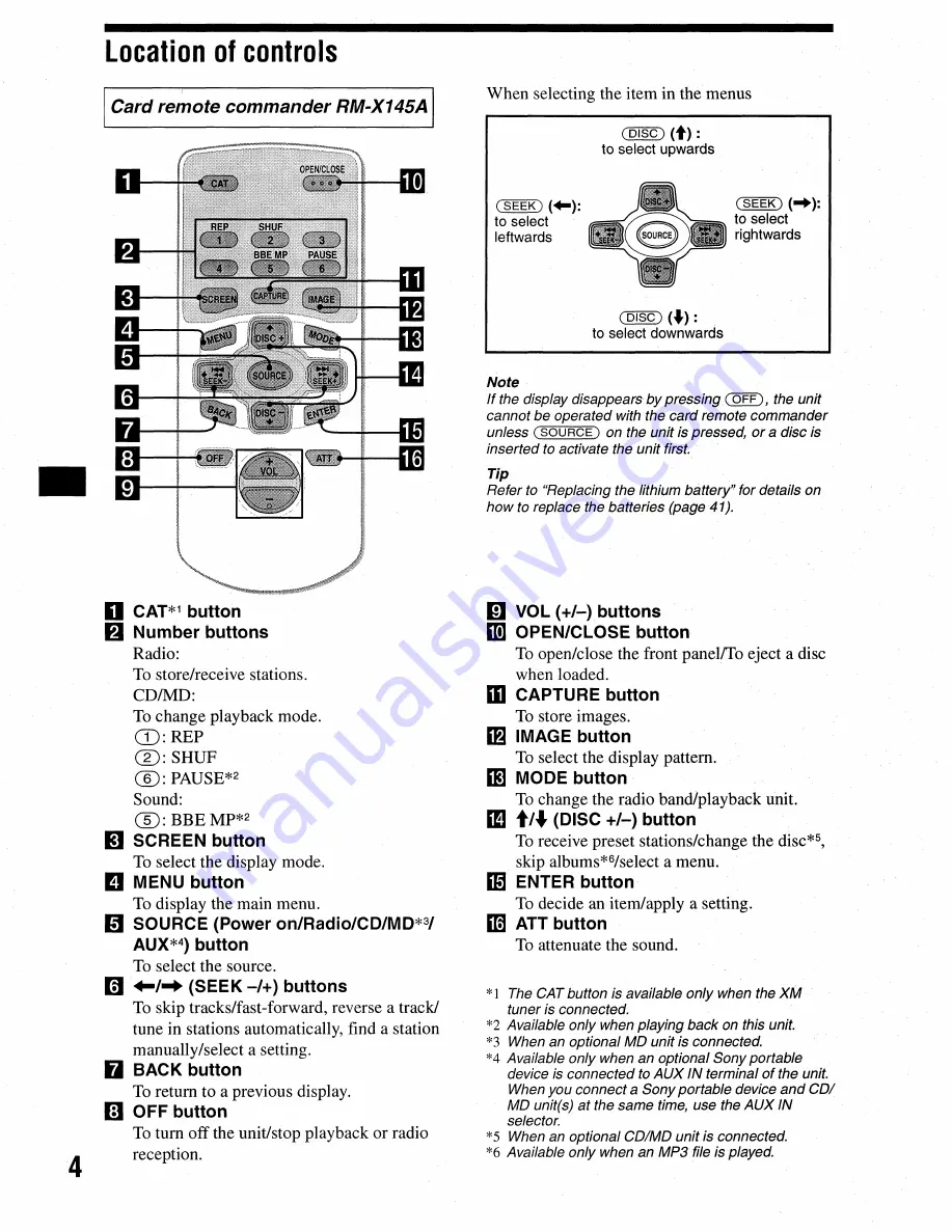 Sony CDX-M9905X Operating Instructions Manual Download Page 4