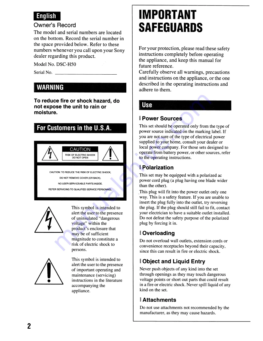 Sony Cyber-shot DSC-H50 Instruction Manual Download Page 2