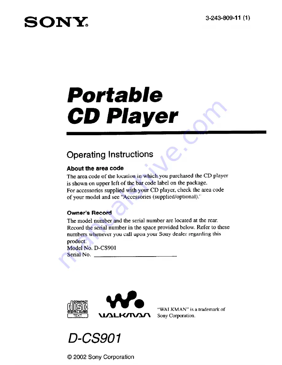 Sony D-CS901 - Portable Cd Player Operating Instructions Manual Download Page 1