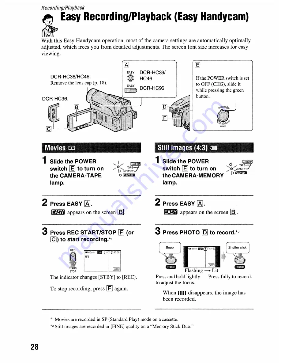 Sony DCR-HC36 - MiniDV Digital Handycam Camcorder Operating Manual Download Page 28