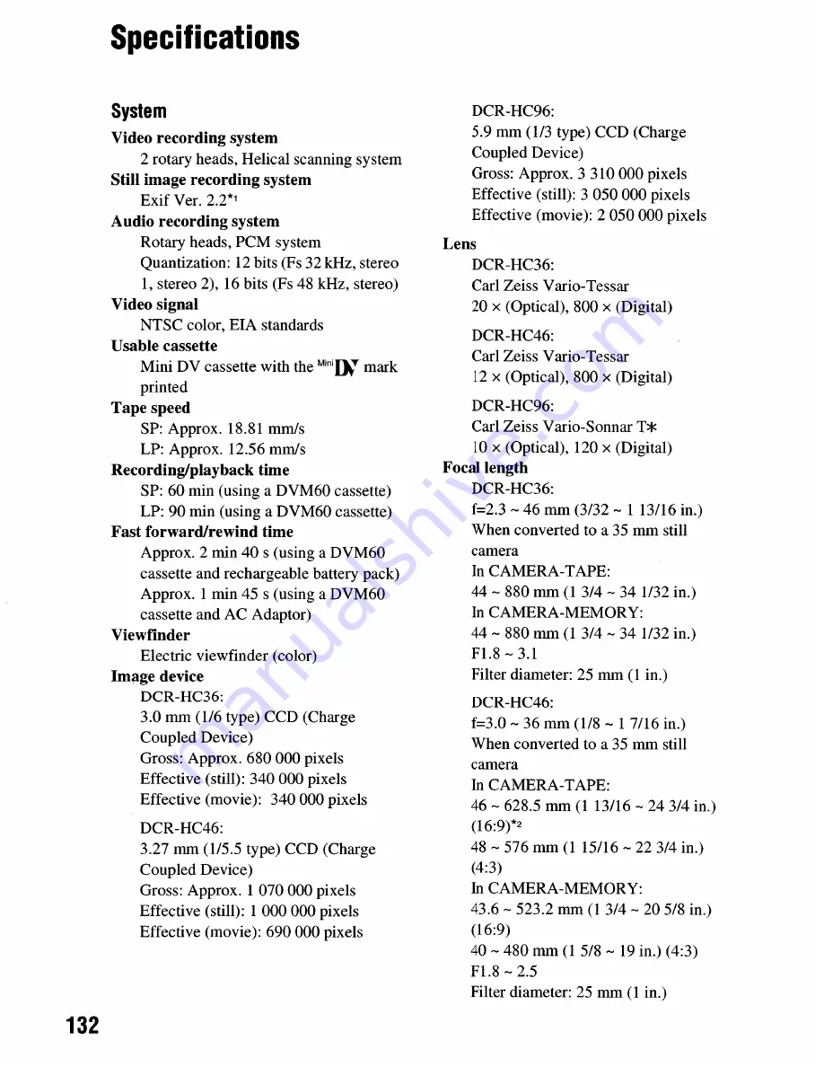 Sony DCR-HC36 - MiniDV Digital Handycam Camcorder Operating Manual Download Page 132