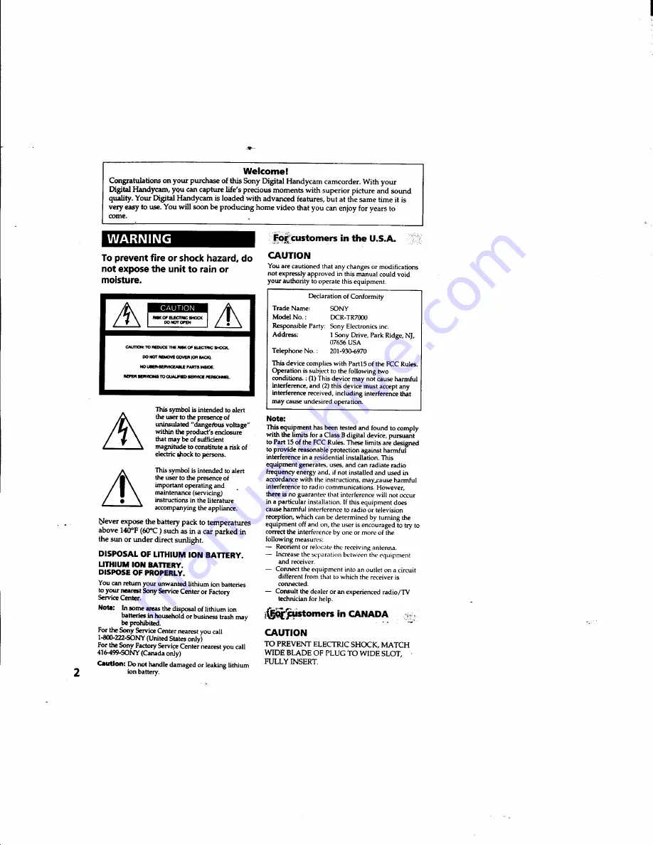 Sony DCR-TR7000 Operating Instructions Manual Download Page 2