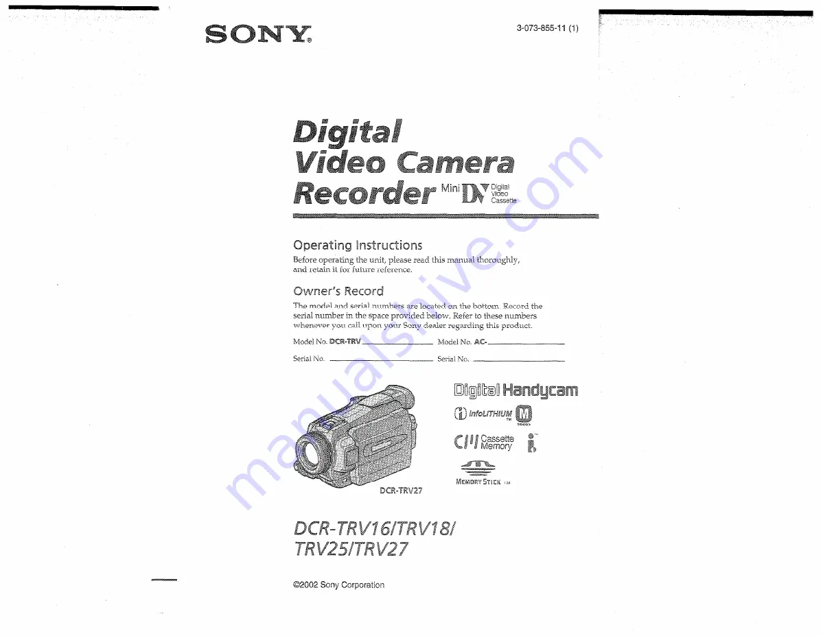 Sony DCR-TRV16, DCR-TRV18, DCR-TRV25, DCR-TRV27 Operating Instructions Manual Download Page 1