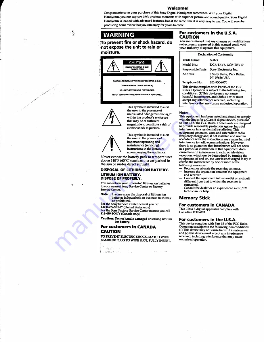 Sony Digital Handycam DCR-TRV10 Operating Instructions Manual Download Page 2