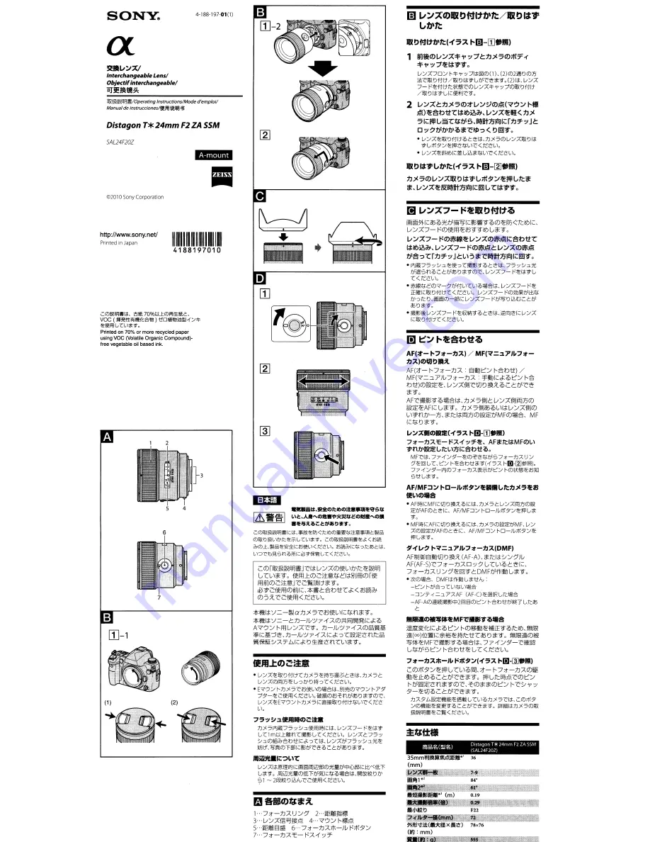 Sony Distagon Tx 24mm F2 ZA SSM User Manual Download Page 1