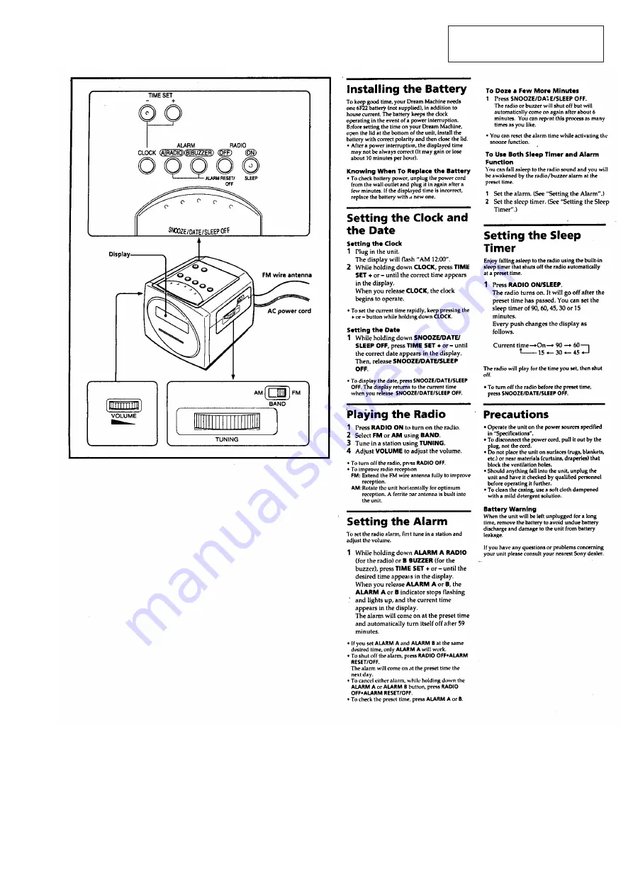 Sony Dream Machine ICF-C160 Service Manual Download Page 3