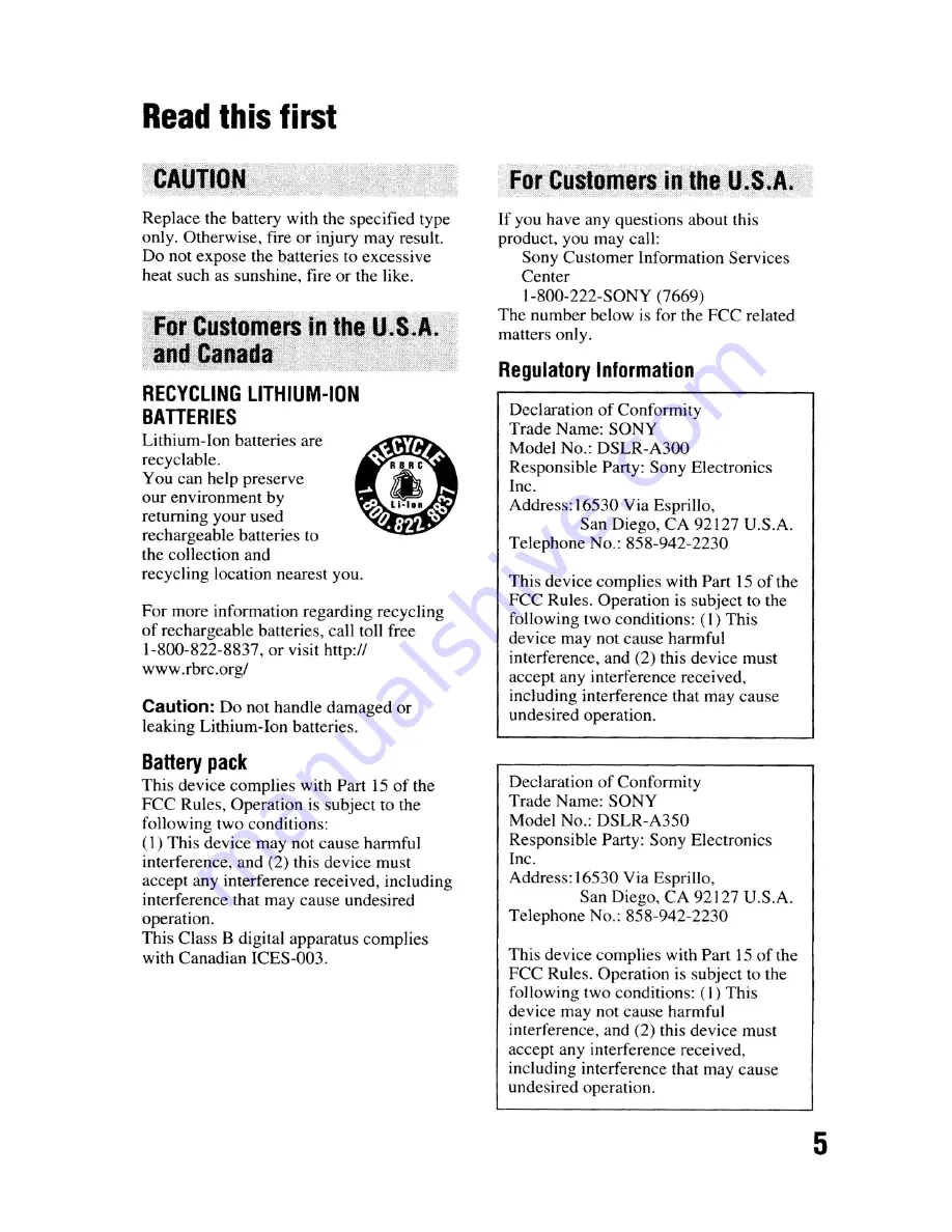 Sony DSLR-A300 - alpha; Digital Single Lens Reflex Camera Body Instruction Manual Download Page 5