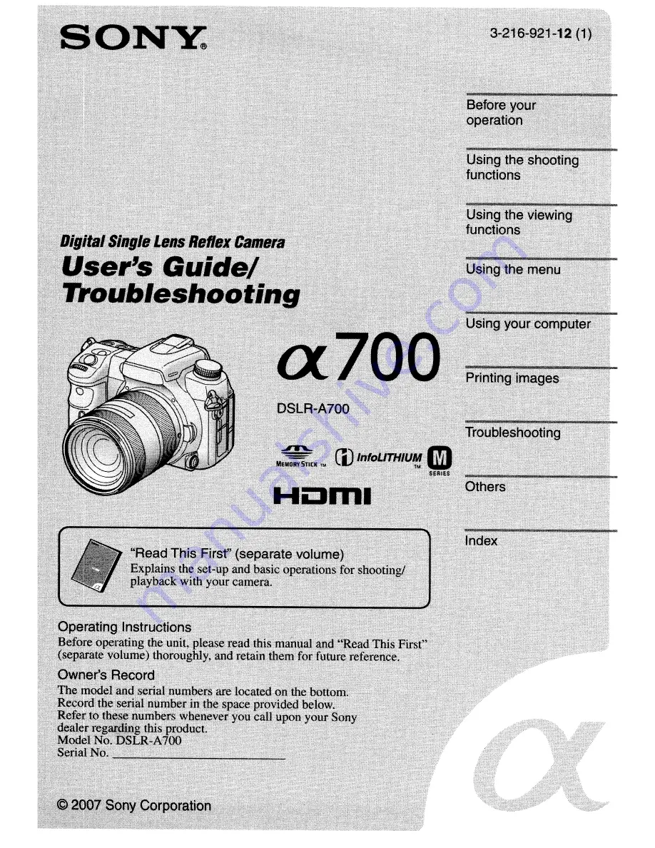 Sony DSLR-A700 User'S Manual / Troubleshooting Download Page 1