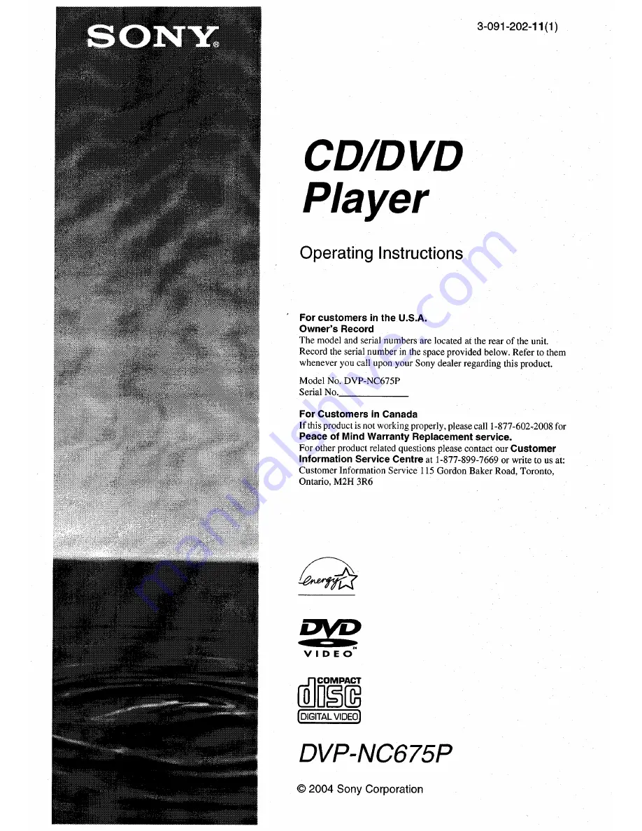 Sony DVP-NC675P  (DVP-NC675P CD/DVD Player) Operating Instructions Manual Download Page 1