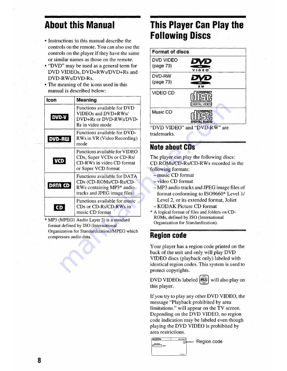 Sony DVP-NC675P  (DVP-NC675P CD/DVD Player) Скачать руководство пользователя страница 8