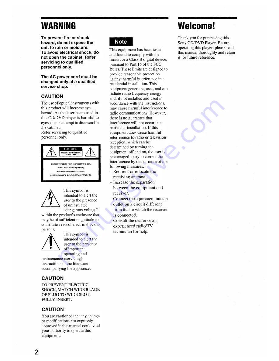 Sony DVP-NS575P Operating Instructions Manual Download Page 2