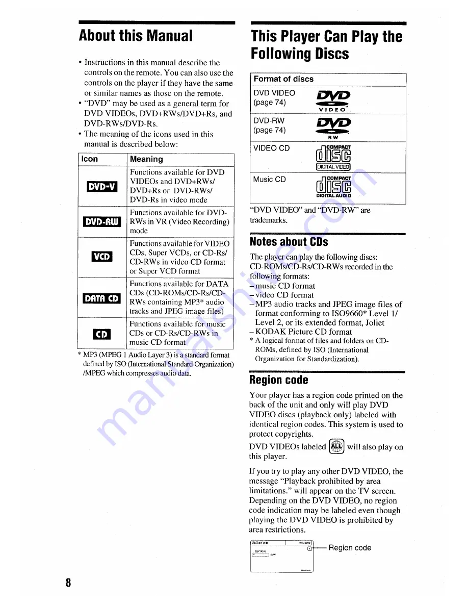 Sony DVP-NS575P Operating Instructions Manual Download Page 8