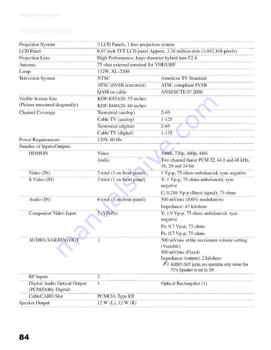 Sony Grand WEGA KDF-E55A20 Operating Instructions Manual Download Page 86