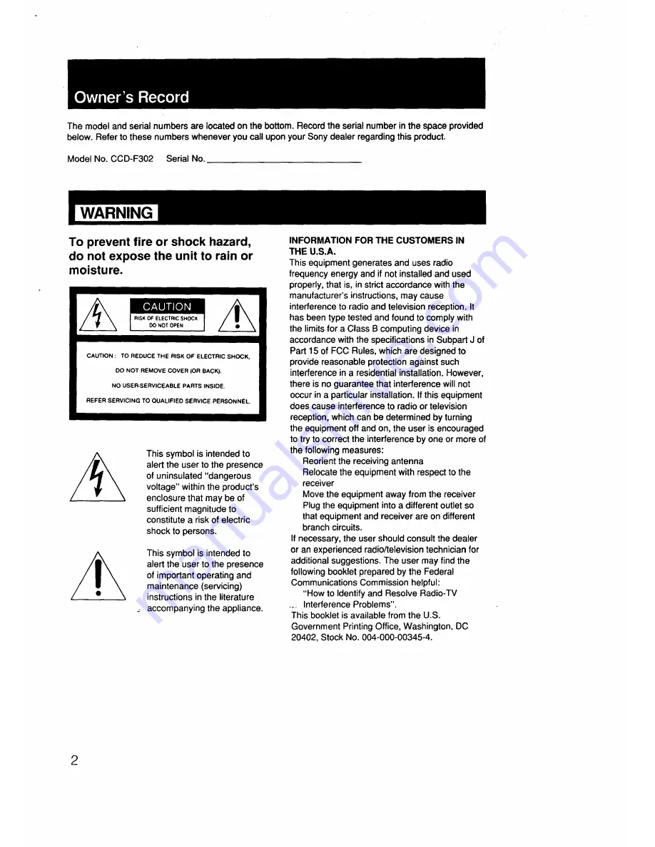 Sony Handycam CCD-F302 Operating Instructions Manual Download Page 2