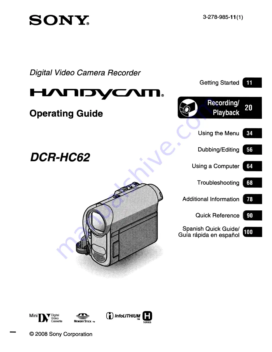 Sony Handycam DCR-HC62 Operating Manual Download Page 1