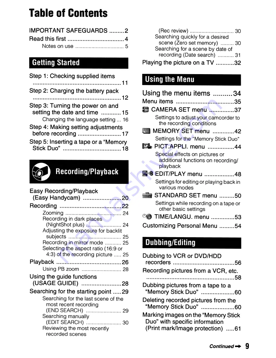 Sony Handycam DCR-HC62 Operating Manual Download Page 9